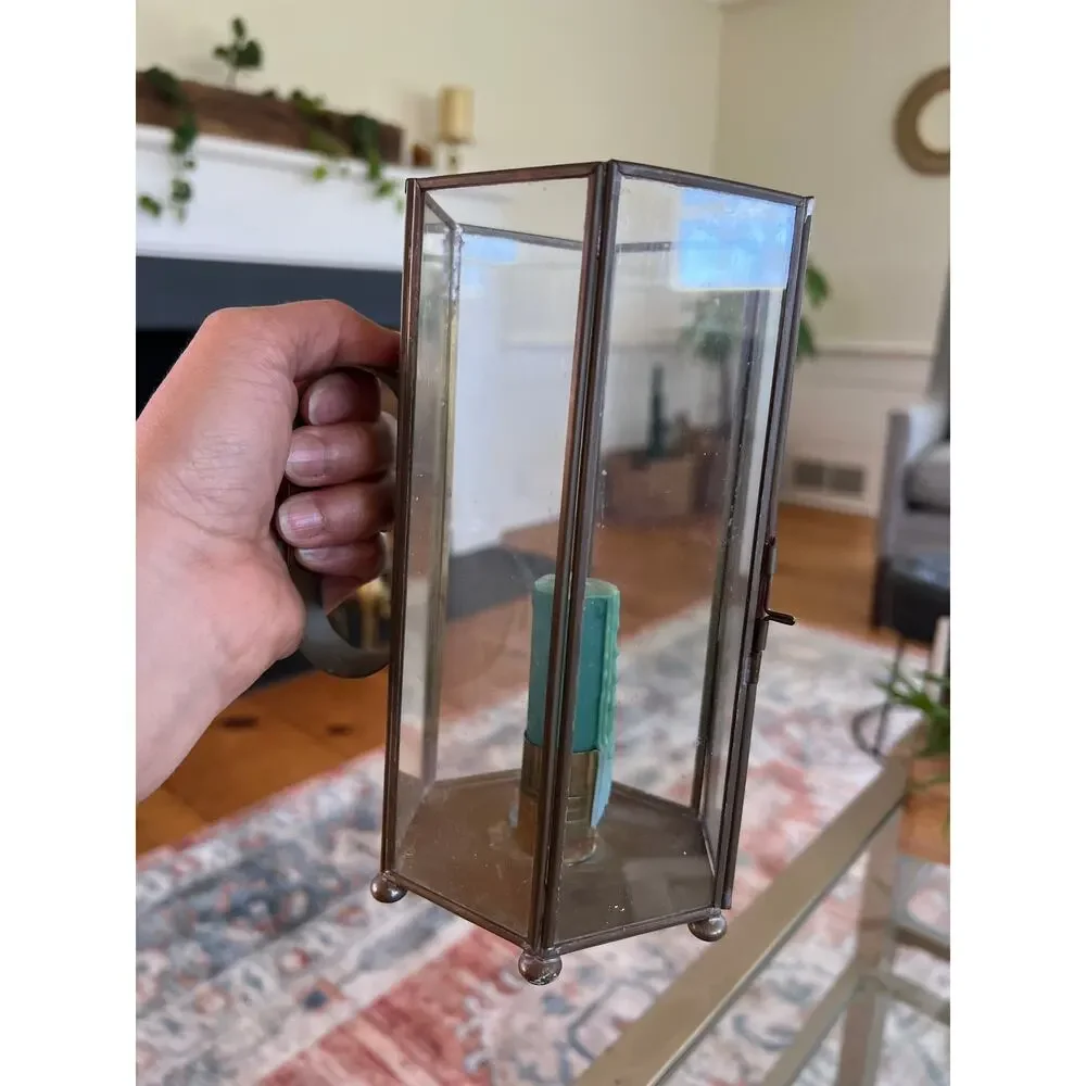 Vintage Brass Glass Encased Candlestick Holder Hexagon Footed Handle Mirrored